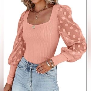 (Never Worn) LYANE Square Neck Sheer Mesh Sleeve Polka Dot Knit Casual Top